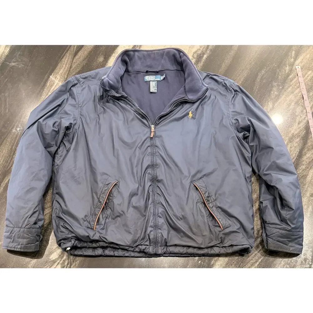 Polo Ralph Lauren Mens XXL Navy Windbreaker Jacket Zip Out Hood Leather Trim